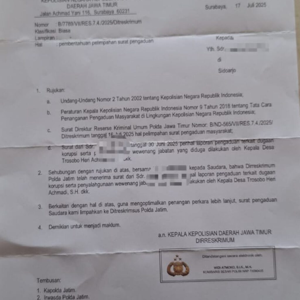 Kades Trosobo Nonaktif dan Oknum DPRD Sidoarjo Dilaporkan Ke Polda Jatim