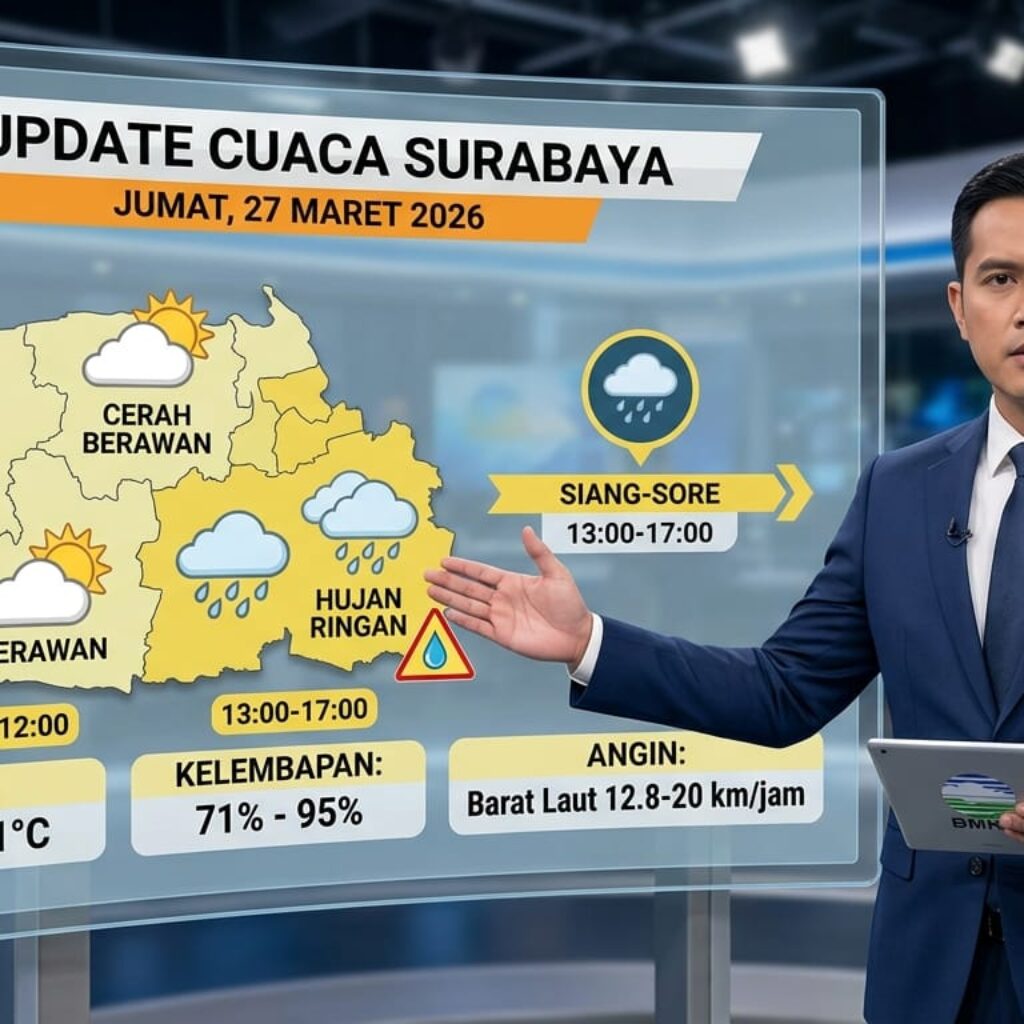 BMKG: Cuaca Surabaya Jumat 27 Maret 2026 Didominasi Cerah Berawan, Waspada Hujan Sore Hari